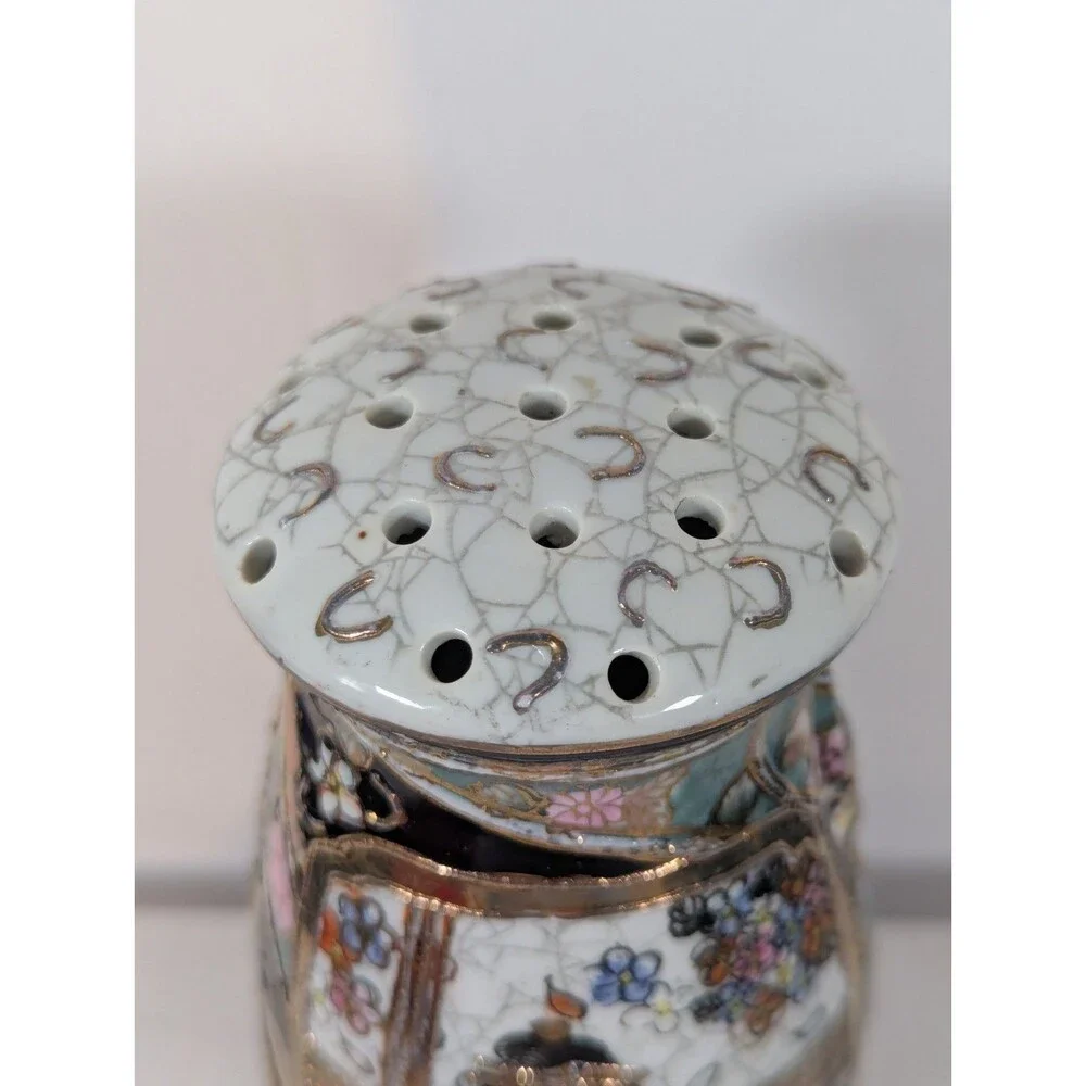 Vtg Satsuma Japan Hat Pin Holder Sugar Shaker Heavy Gold Moriage Geisha 6.25